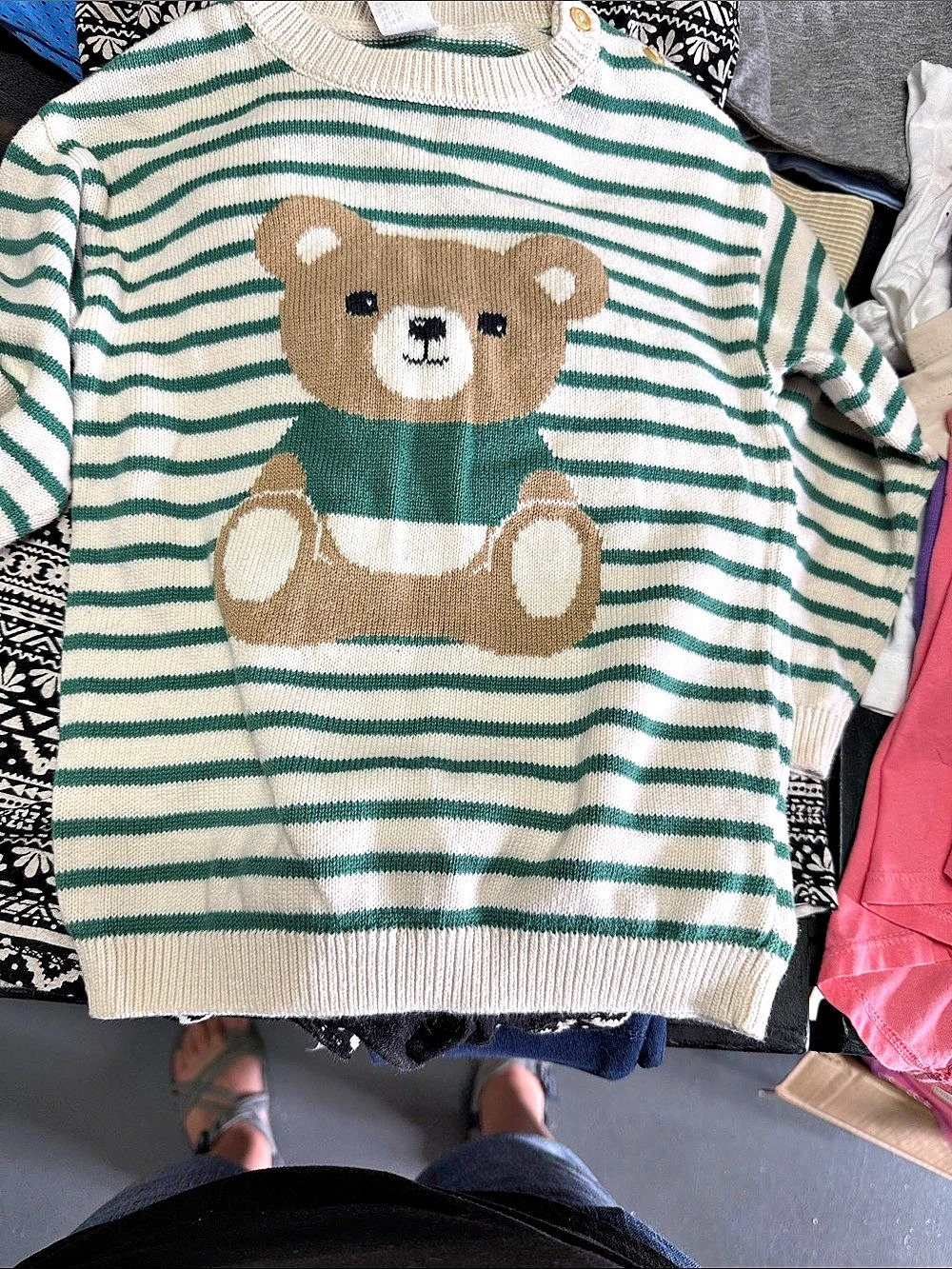 Kids Green & Cream Striped Bear Sweater